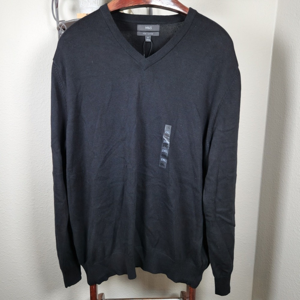M&S Mark And Spencer Men Pure‎ Cotton V-Neck Sweater- Black 2XL